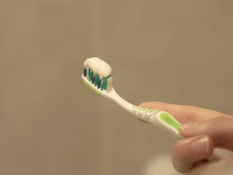 A small dab of toothpaste on a toothbrush